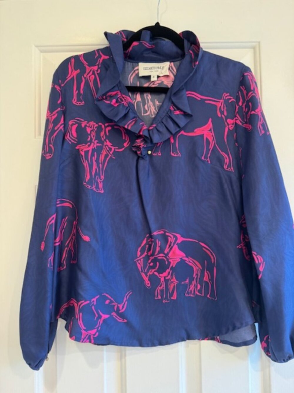 Elizabeth McKay Navy Blue Pink Elephant Print Ruffle Collar Blouse Size 4